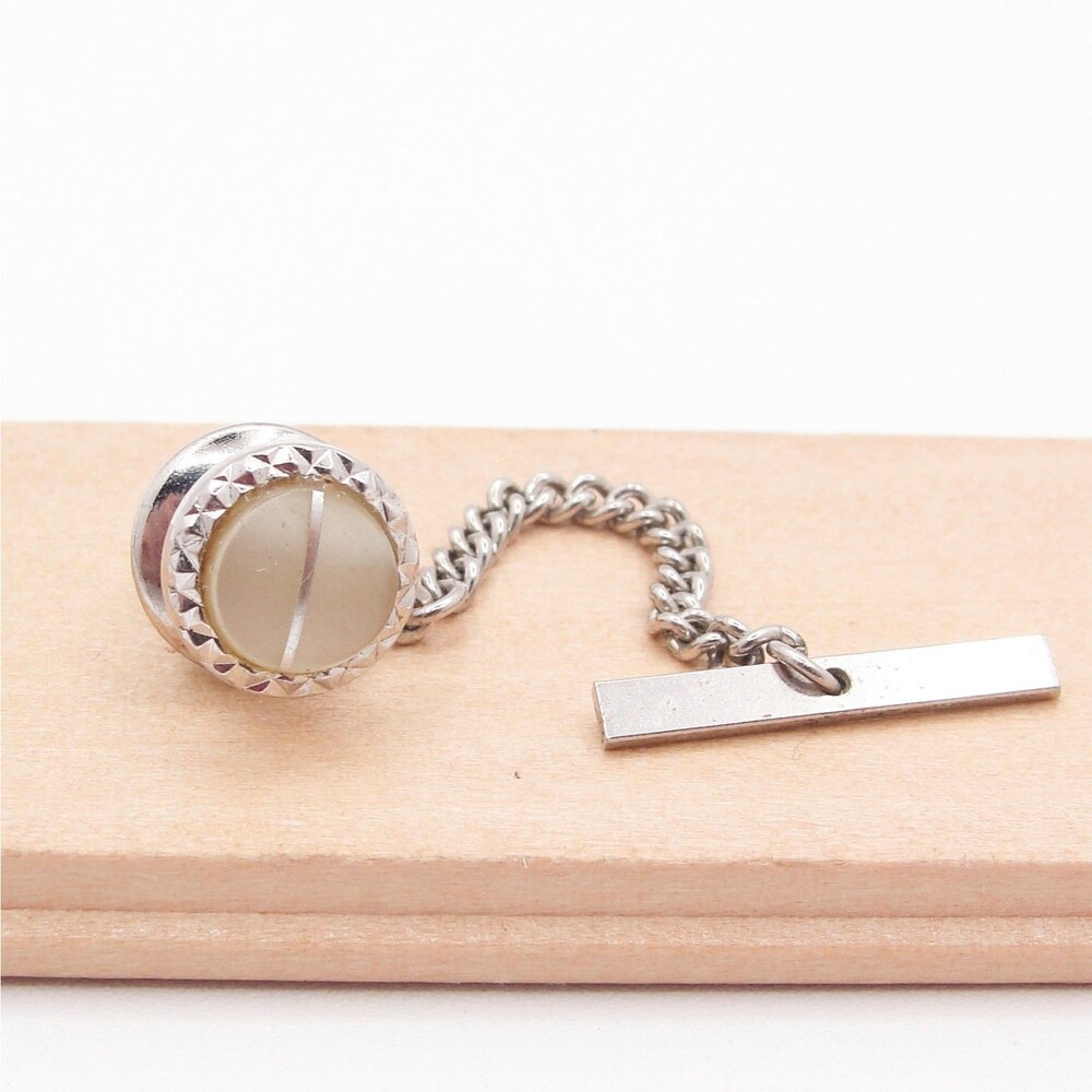 Vintage Silver Tone Faux Cat Eye Moonglow Lucite Tie Tack Pin With Bar Chain